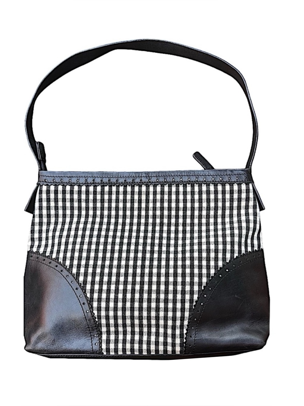 Franchi Black Plaid Purse Satchel Shoulder Bag Faux Leather Scallop Top Handle